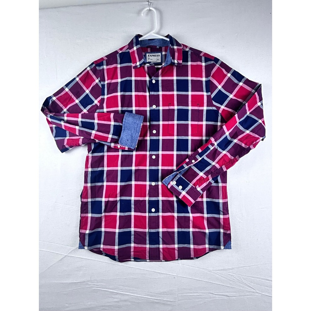 Express Men Slim Soft Wash Plaid Button Up Shirt Red Navy‎ Blue Medium Tall M/M